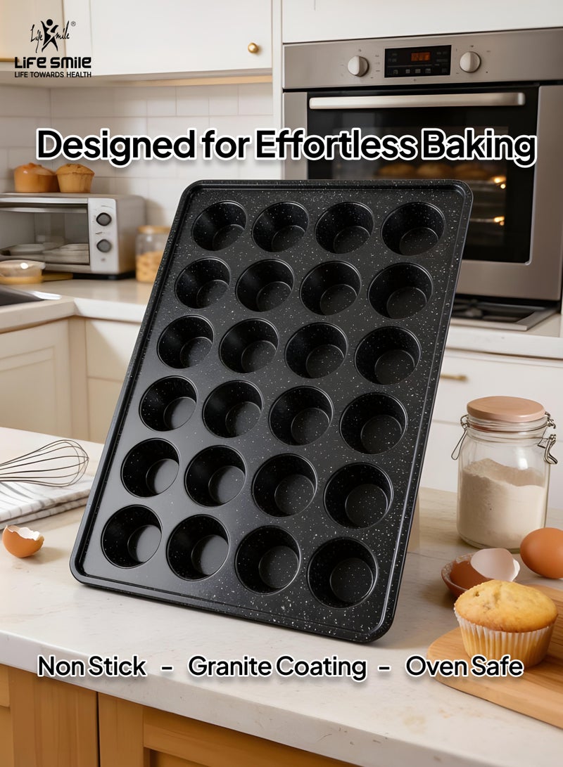 Life Smile Granite Nonstick 24 Cup Muffin Pan – 55×39×3.5 cm Carbon Steel Baking Tray, Oven Safe, Easy Clean - Image 3